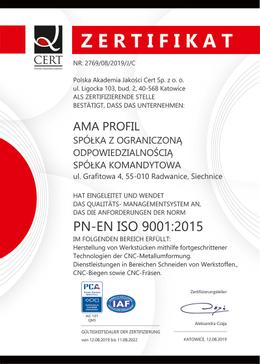 Quality Certificate PN-ES ISO 9001: 2015